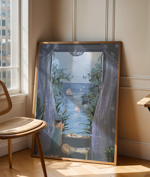 Serene seaside view from an open window with a sailboat and relaxing atmosphere