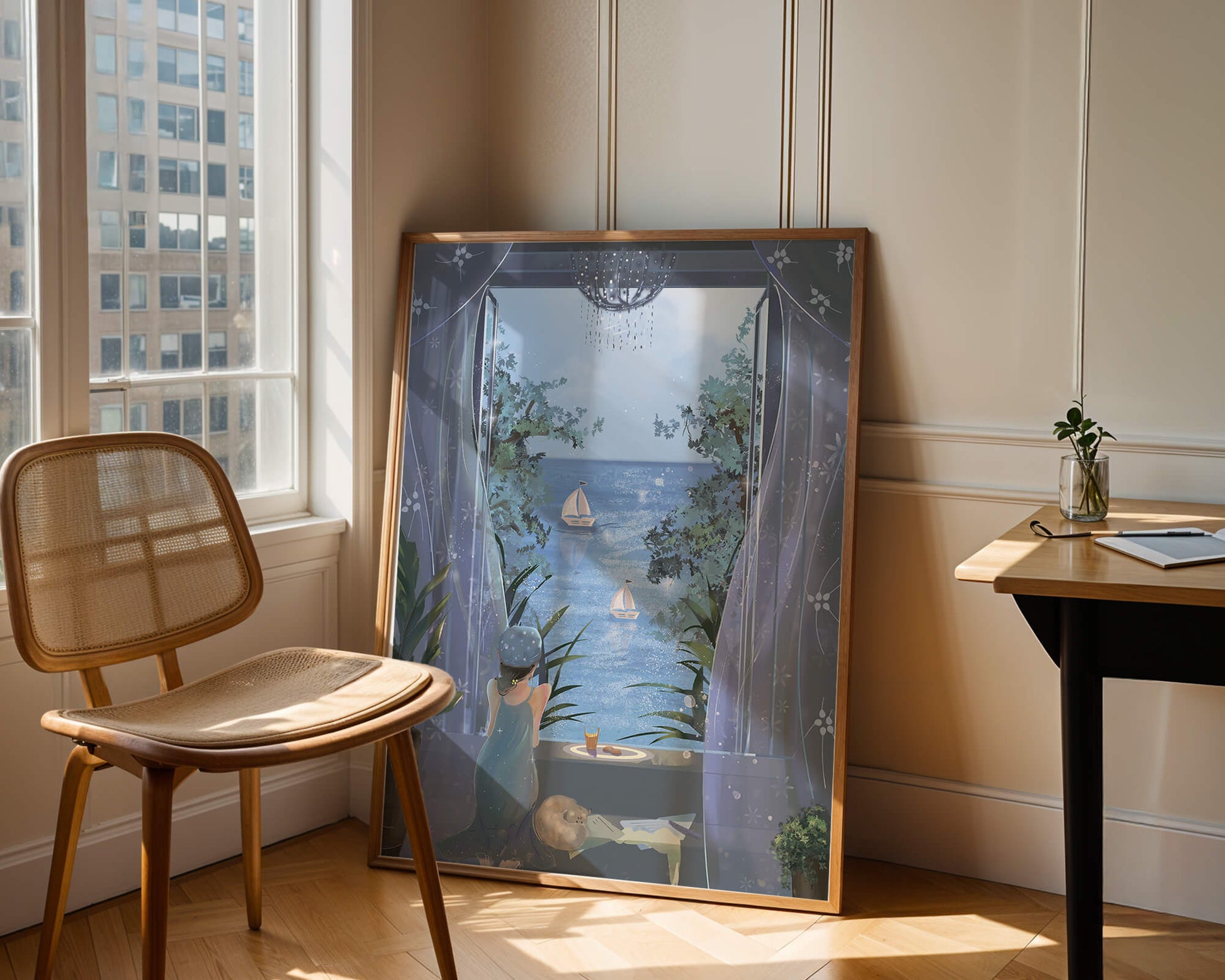 Serene seaside view from an open window with a sailboat and relaxing atmosphere