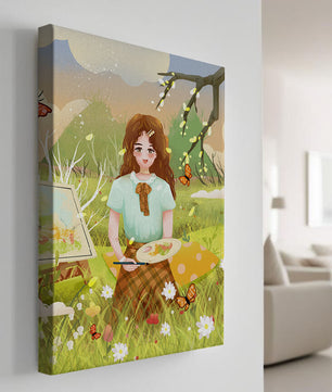 Ilustración de una chica pintando al aire libre rodeada de mariposas y flores
