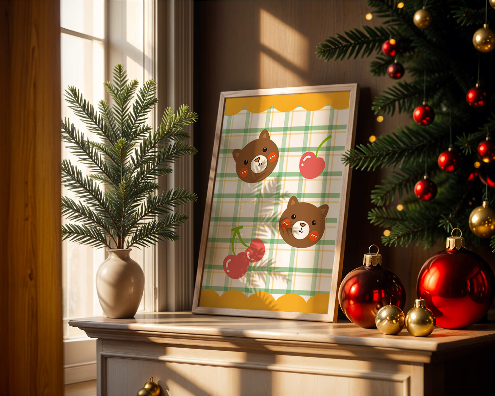 Playful bear and cherry pattern with plaid background