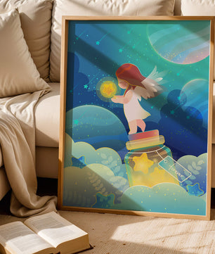 Enchanting angel collecting stars in a dreamy night sky