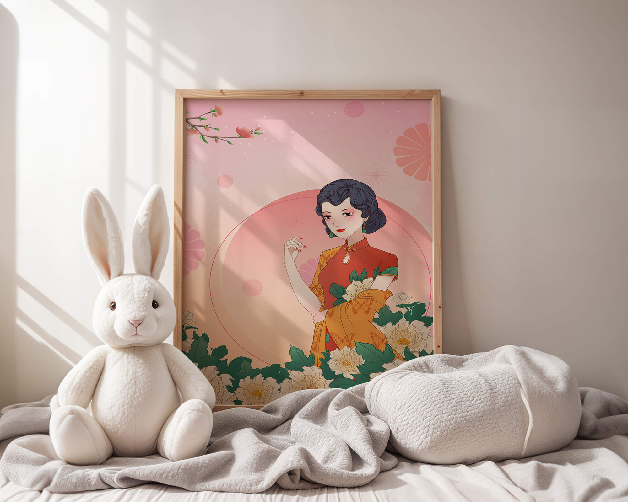 Elegant Woman in Traditional Asian Dress with Floral Background - Mi tienda
