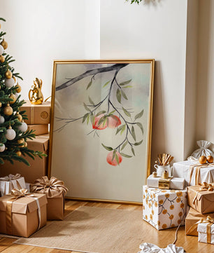 Peaceful Botanical Illustration of Branches with Leaves and Peaches - Mi tienda