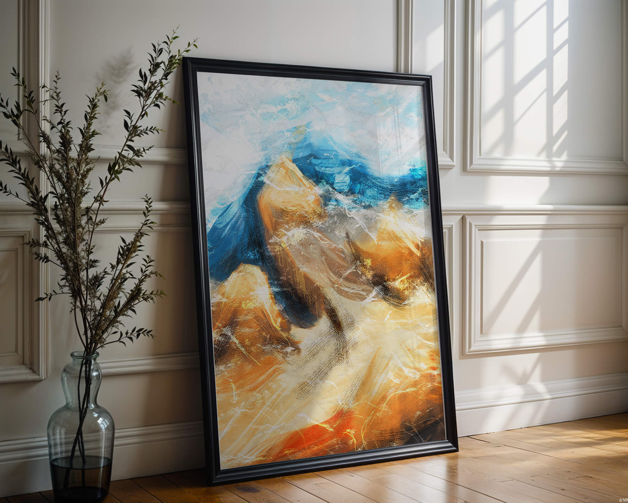Abstract landscape with blue and golden hues