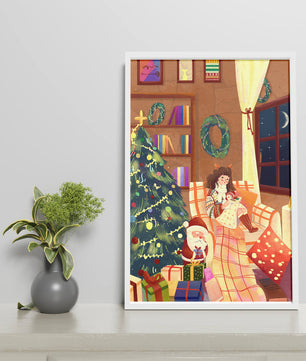 Cozy Christmas scene with tree, gifts, and a child by the window