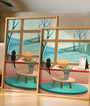 Cozy interior with a cat by the window and potted plants