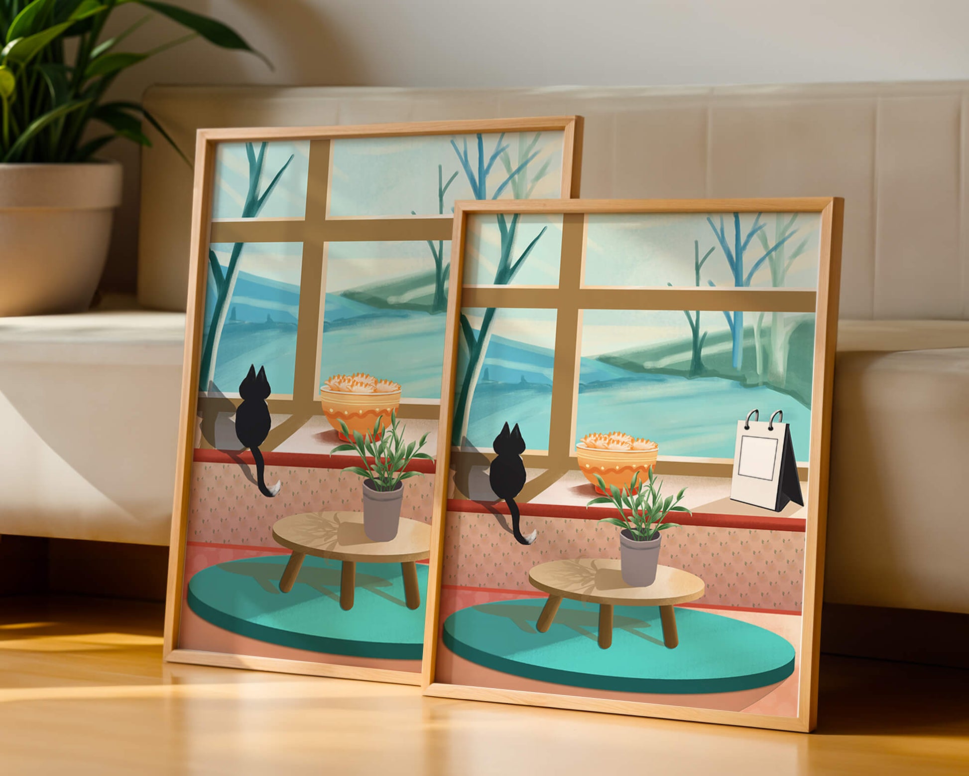 Cozy interior with a cat by the window and potted plants
