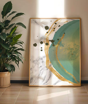 Elegant abstract design with gold accents and teal hues