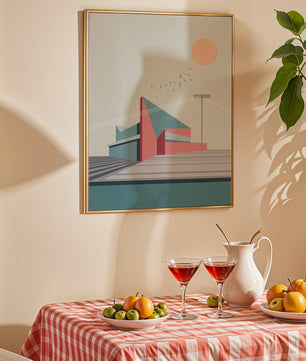 Ilustración arquitectónica moderna con diseño geométrico y atardecer
