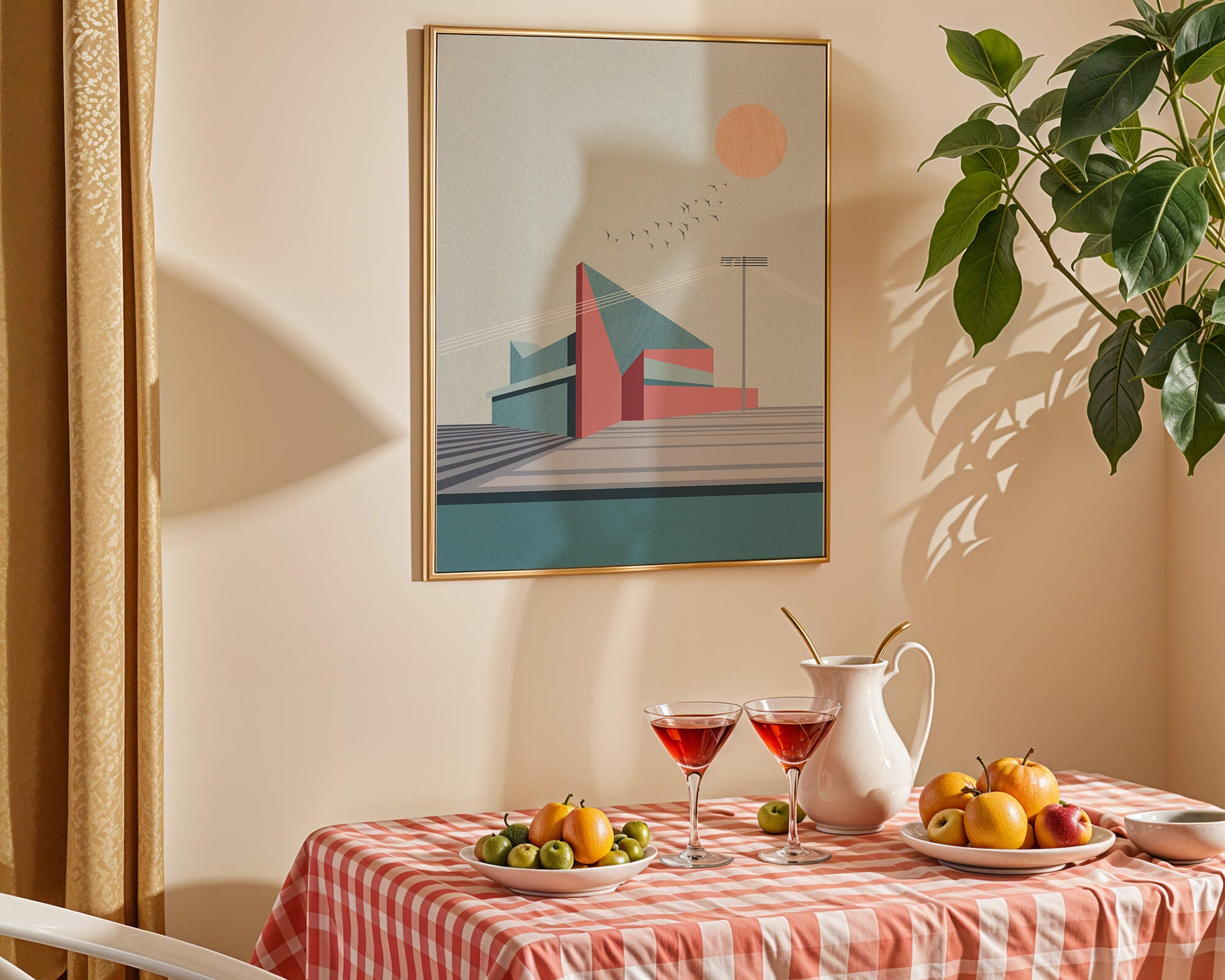 Ilustración arquitectónica moderna con diseño geométrico y atardecer