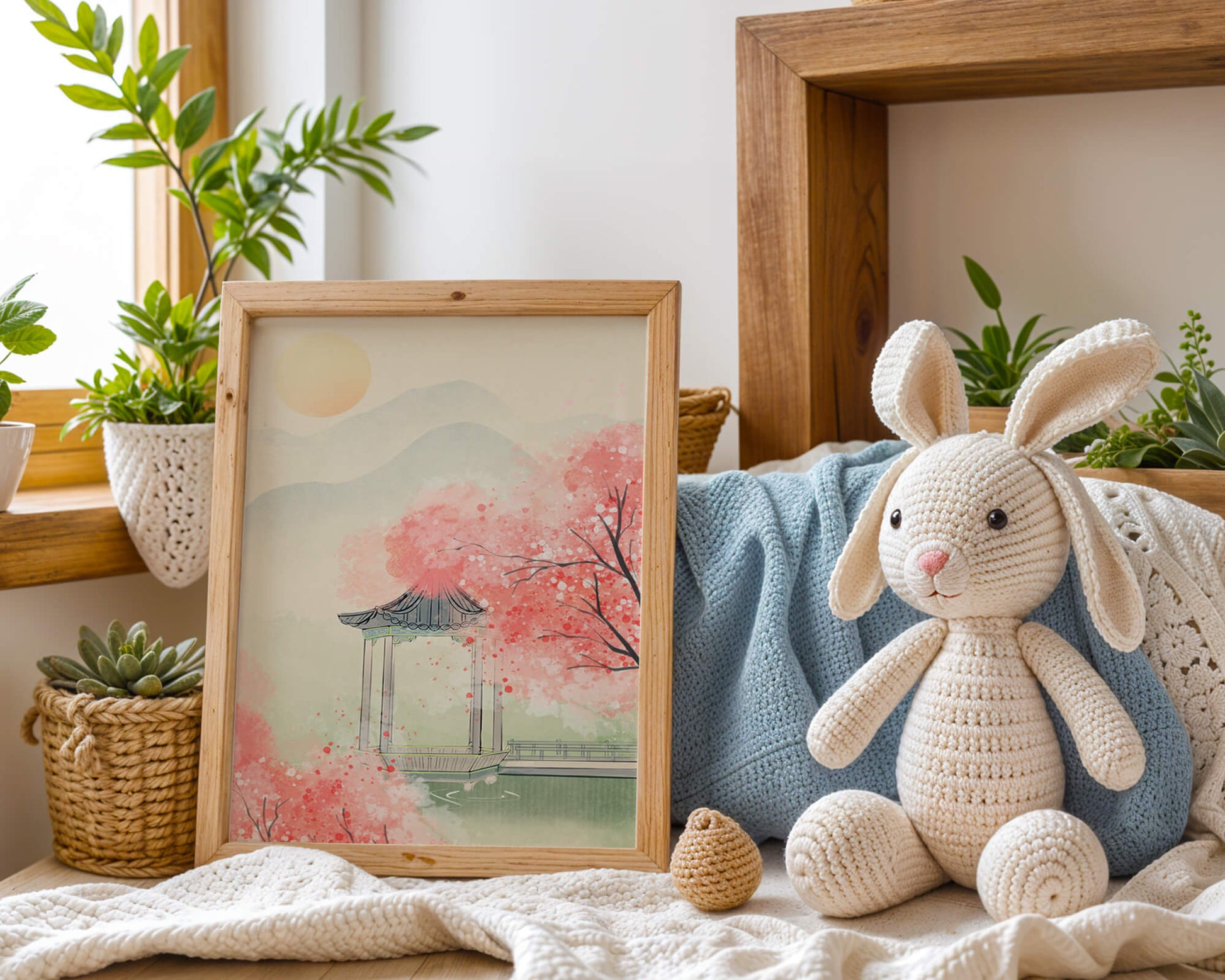 Serene landscape with cherry blossoms and traditional gazebo