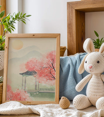 Serene landscape with cherry blossoms and traditional gazebo