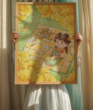 Charming autumn picnic scene with girl and cat surrounded by ginkgo leaves