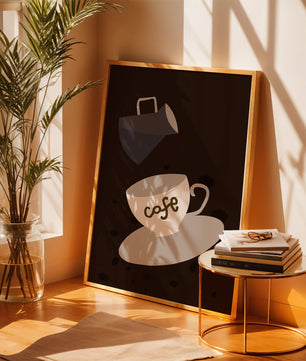 Taza de café minimalista con jarra vertiendo sobre fondo oscuro