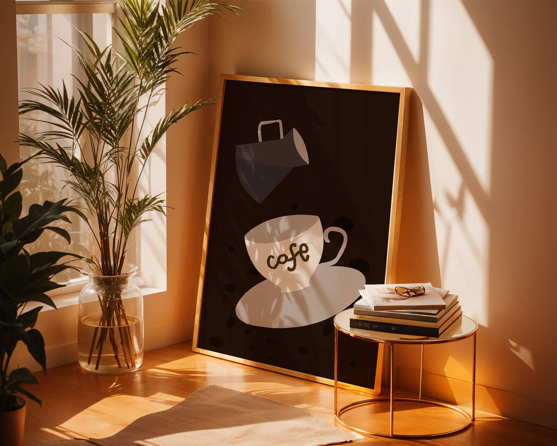 Minimalist coffee cup with pouring pot on dark background