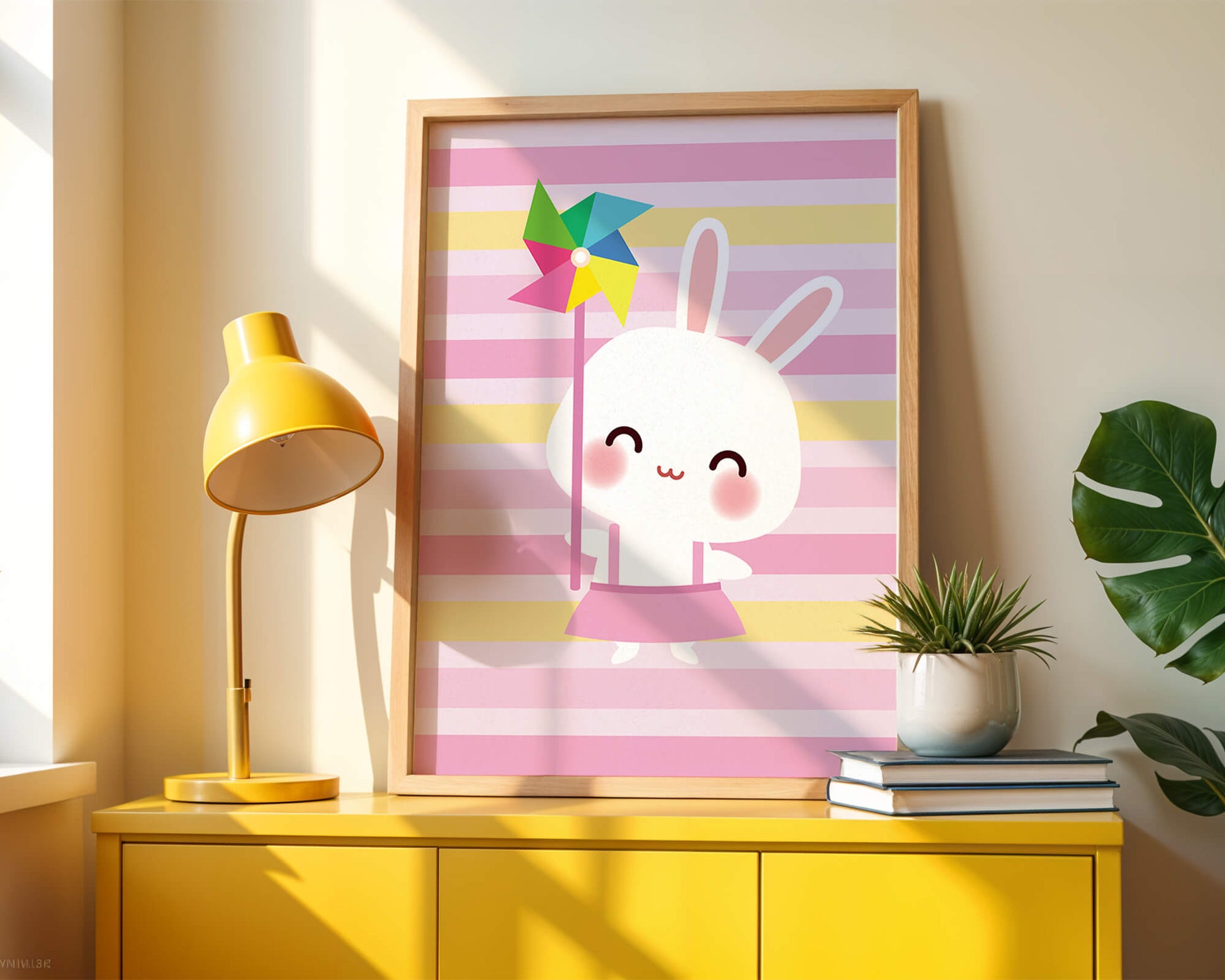 Adorable bunny with pinwheel on pastel striped backdrop