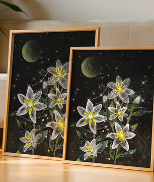 Luminous Night Flowers Under a Starry Sky with Golden Moon - Mi tienda