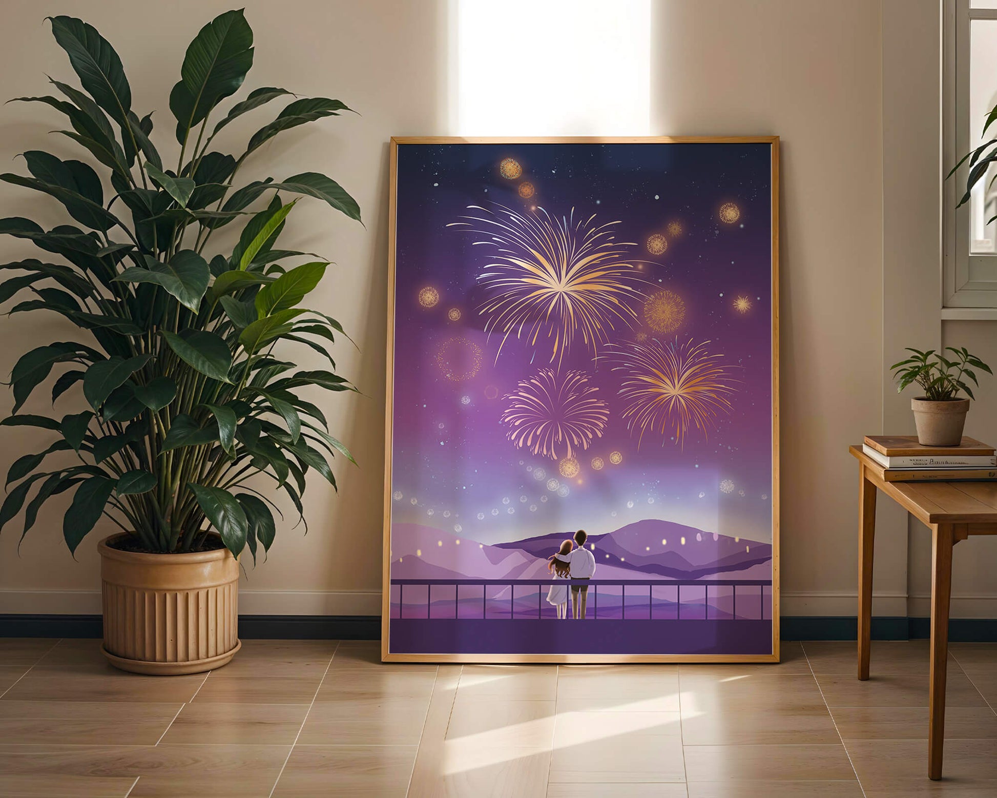 Romantic Couple Watching Fireworks on a Starry Night