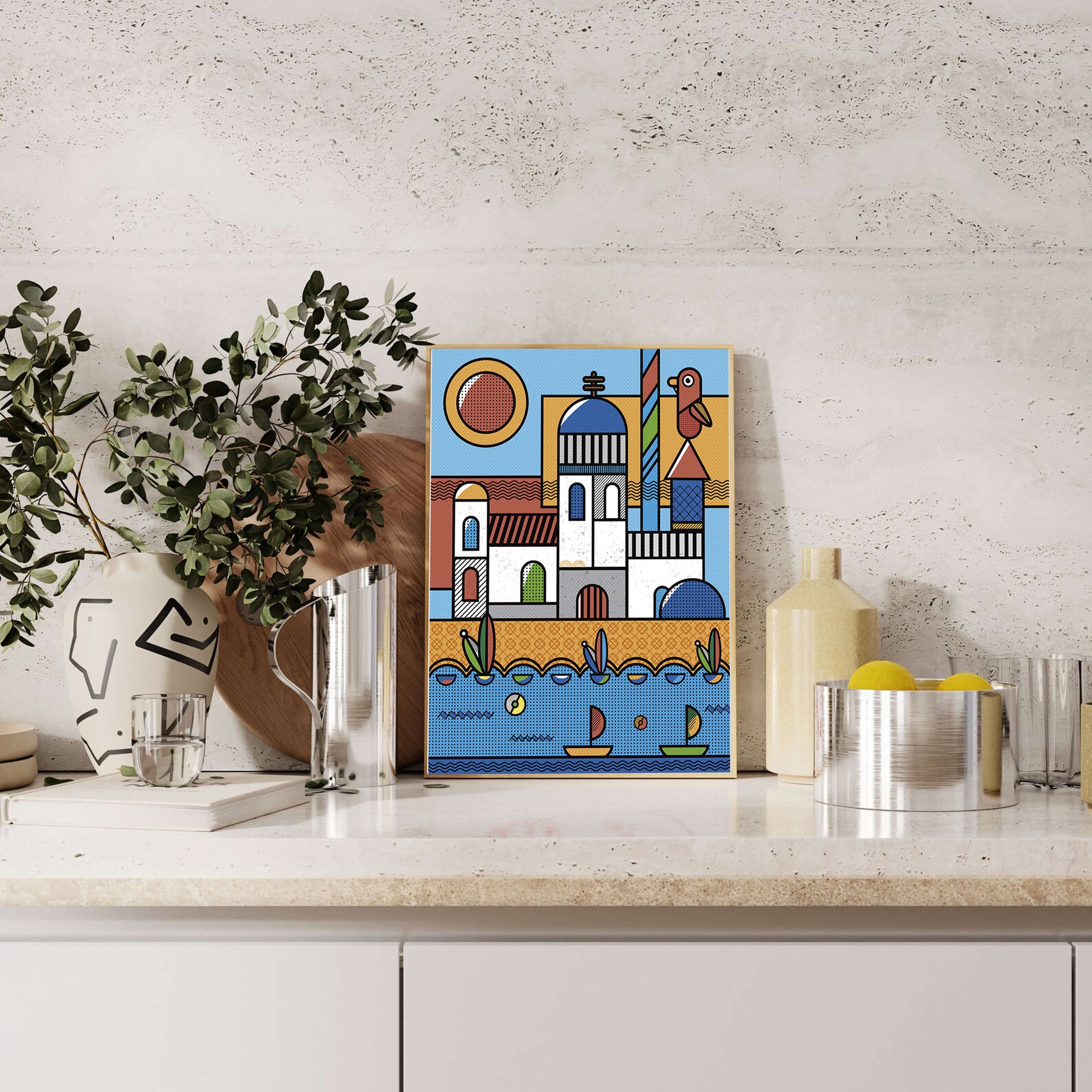 Bunte geometrische Küstendorf-Illustration mit Vögeln und Booten