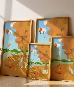 Herbstszene mit einem süßen Fuchs, Heißluftballons und einem bunten Baum
