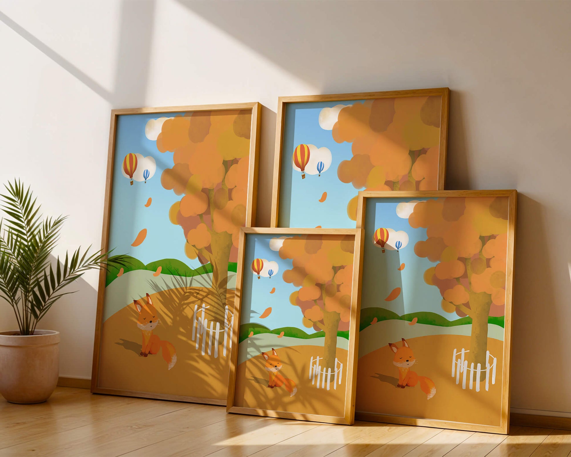 Herbstszene mit einem süßen Fuchs, Heißluftballons und einem bunten Baum