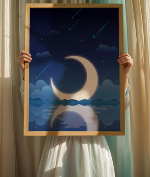 Serene night sky with crescent moon reflecting on water