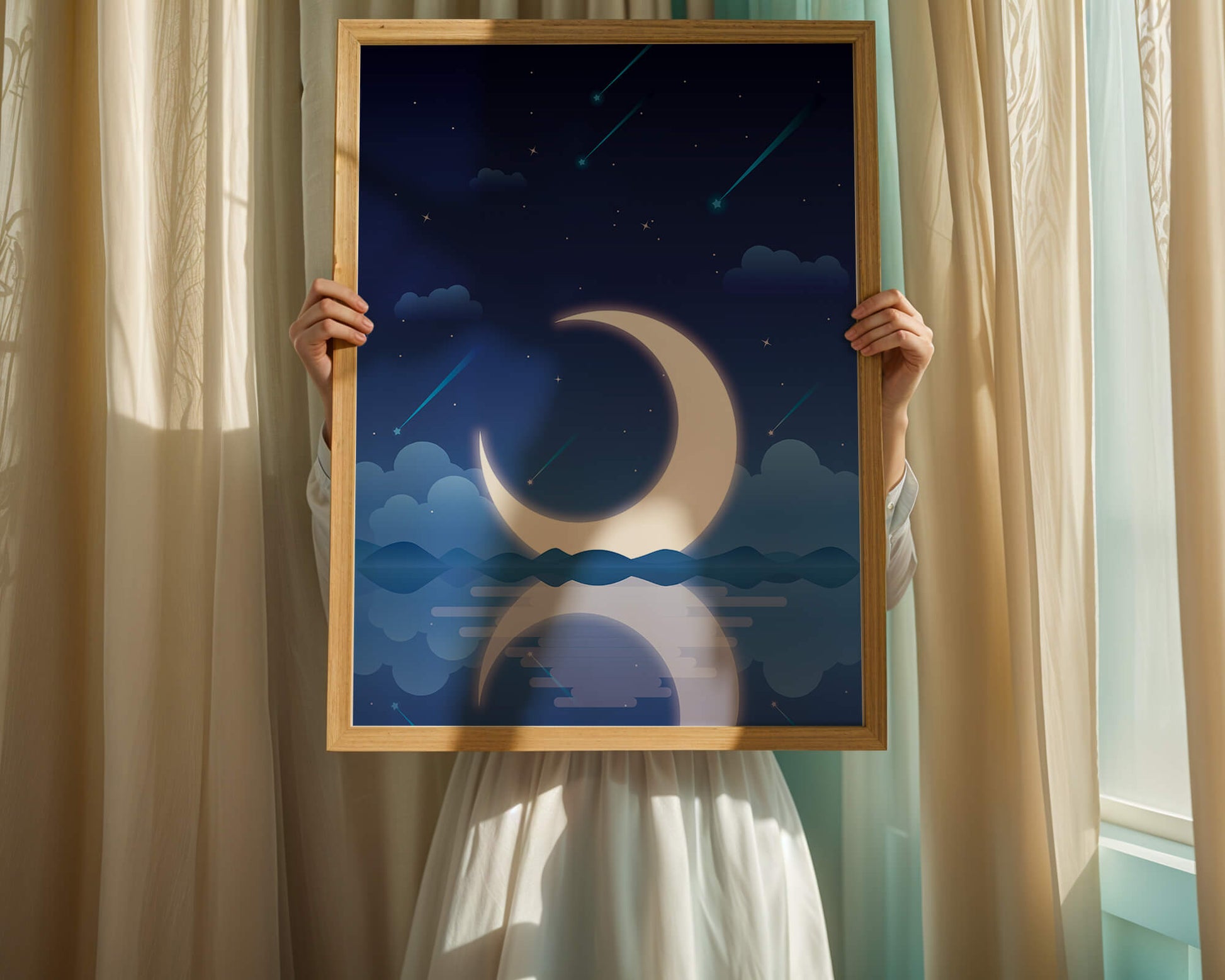 Serene night sky with crescent moon reflecting on water