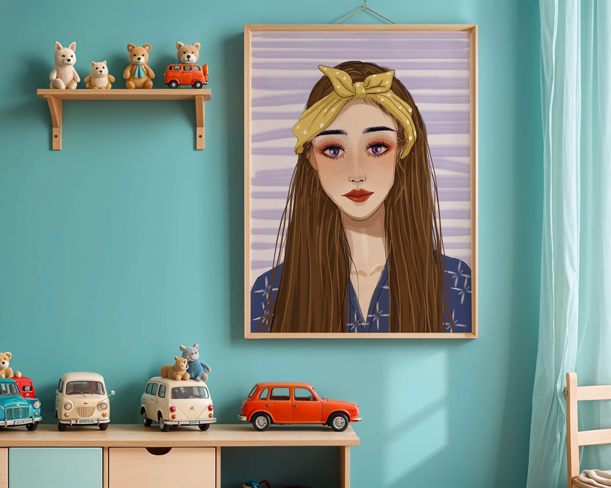 Illustration of a woman with a yellow headband against a striped background