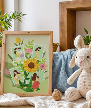 Ilustración de momentos familiares con fondo floral vibrante