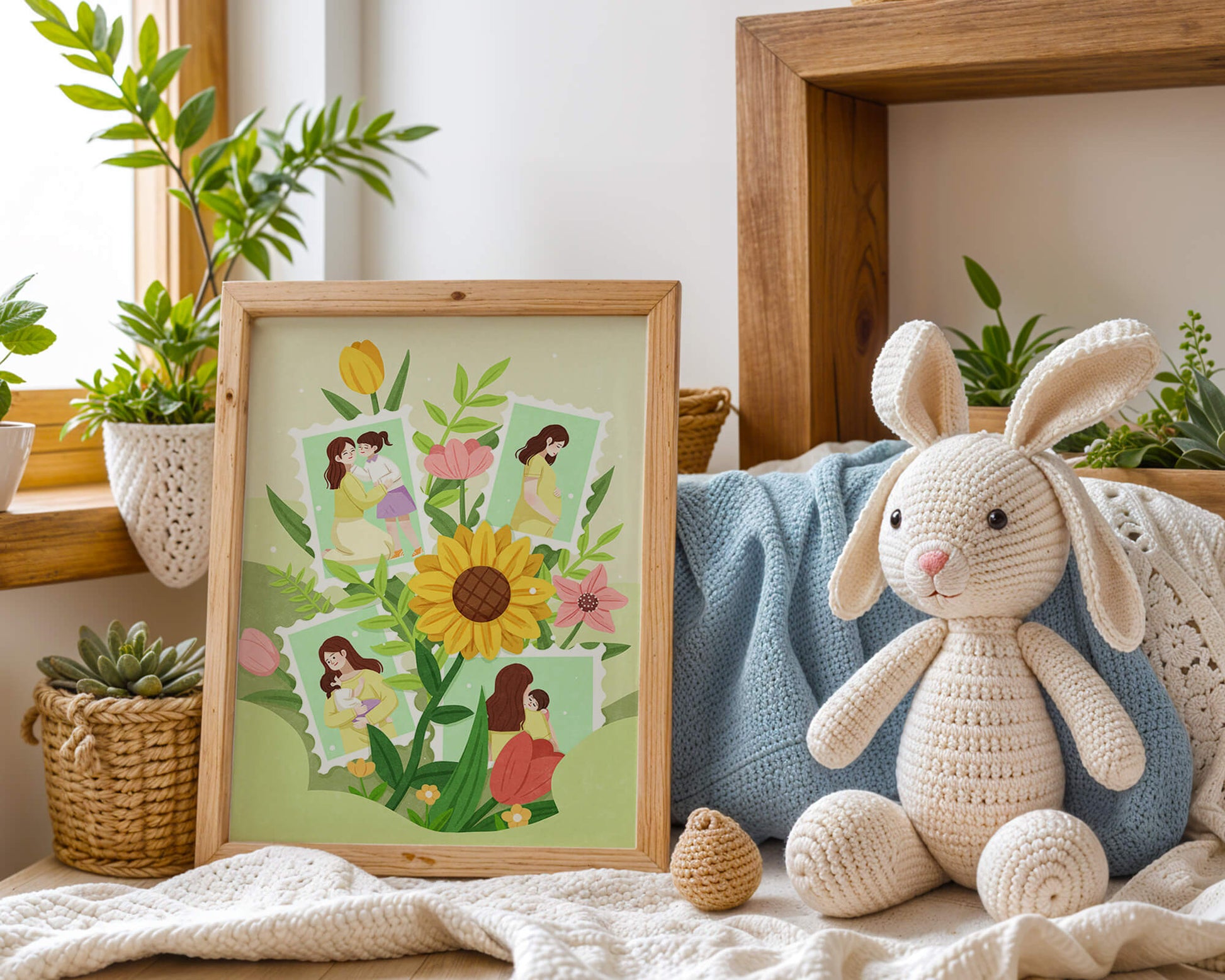 Ilustración de momentos familiares con fondo floral vibrante