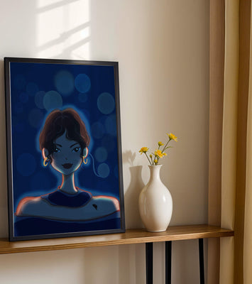 Illustration of a woman with bokeh lights and stylish earrings