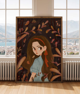 Ilustración elegante de una chica rodeada de follaje abstracto