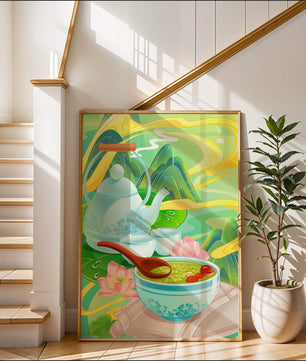 Tea ceremony with teapot and tea bowls amidst nature scenery