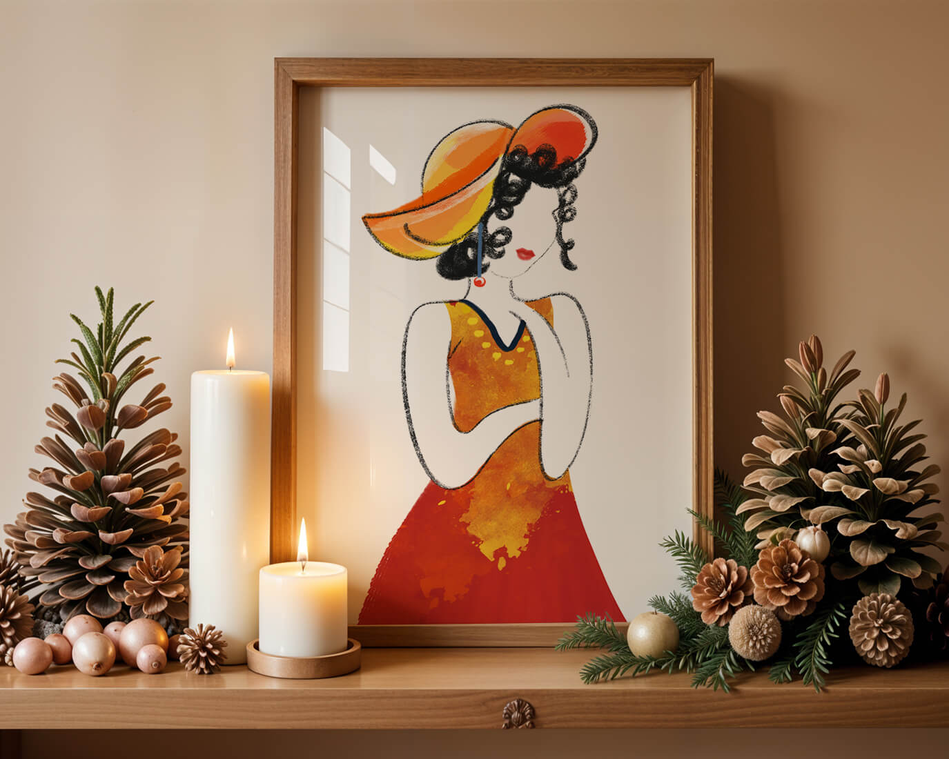 Elegant woman in a vibrant hat and dress illustration