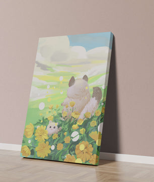 Whimsical Scene of Fluffy Cat and Kitten Among Yellow Flowers