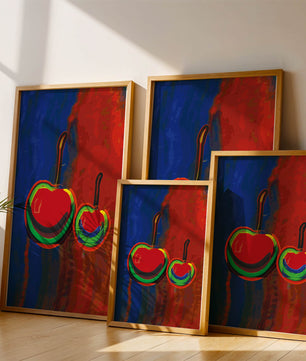 Pintura abstracta de cerezas con colores vibrantes