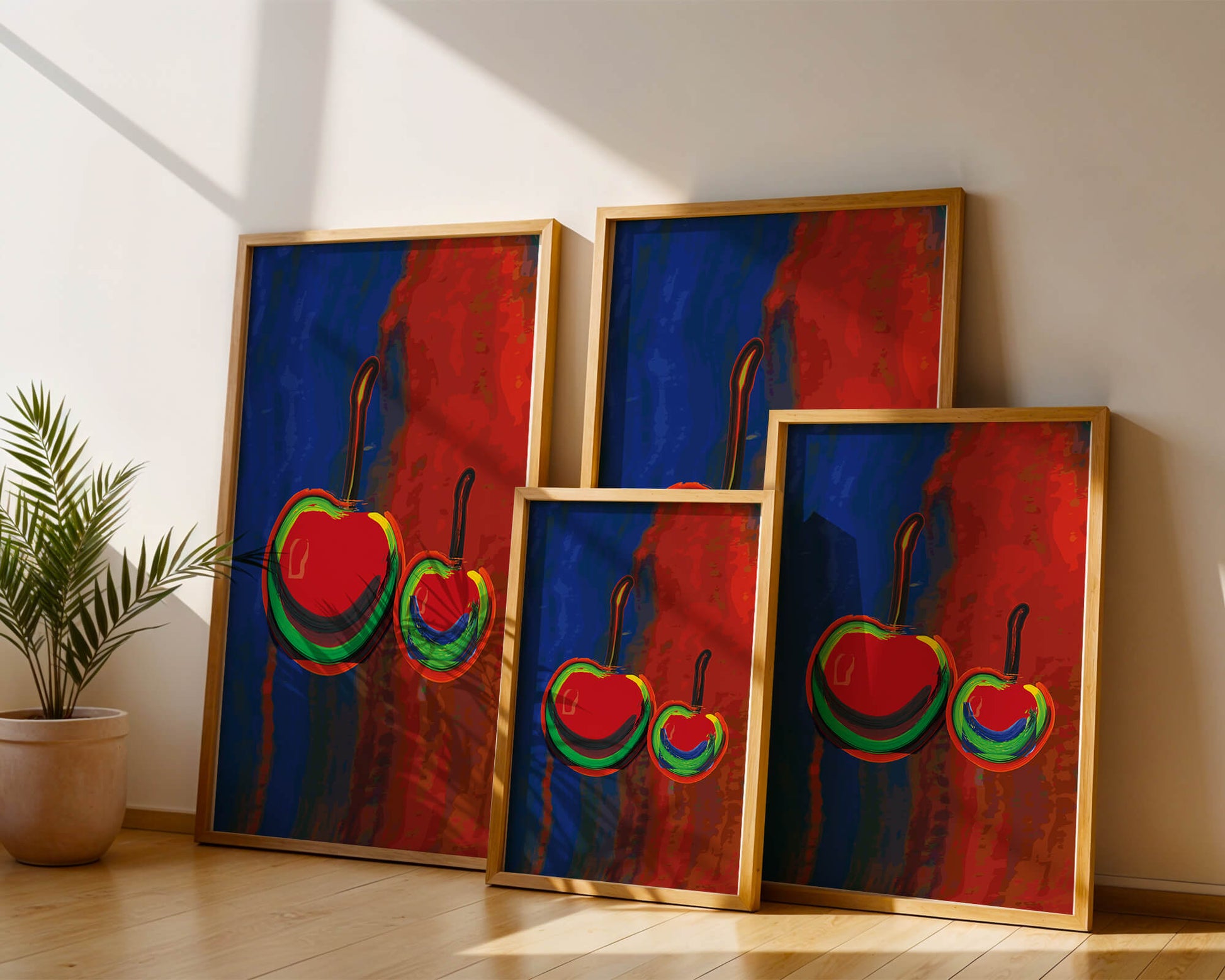 Pintura abstracta de cerezas con colores vibrantes.