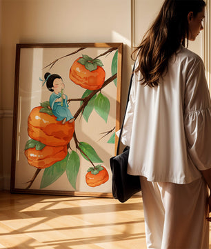 Child playing flute on persimmon-filled tree in whimsical illustration