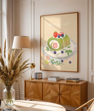 Illustration of a Matcha Roll Cake with Fresh Berries on Pastel Background - Mi tienda