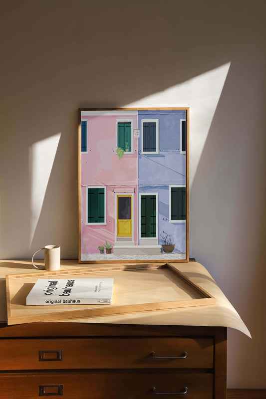 Charming pastel houses with colorful doors and windows