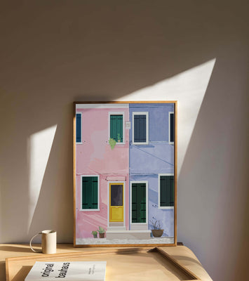 Charming pastel houses with colorful doors and windows