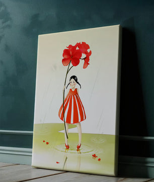 Young girl holding large red flower standing in puddle illustration