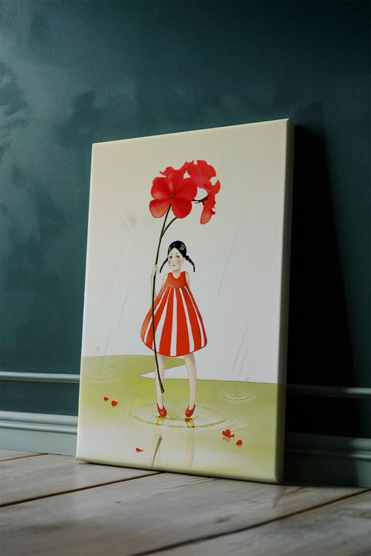 Young girl holding large red flower standing in puddle illustration