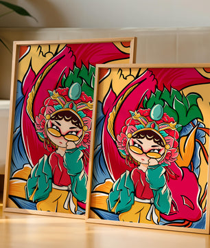 Vibrant illustration featuring a character in traditional costume with dragon elements