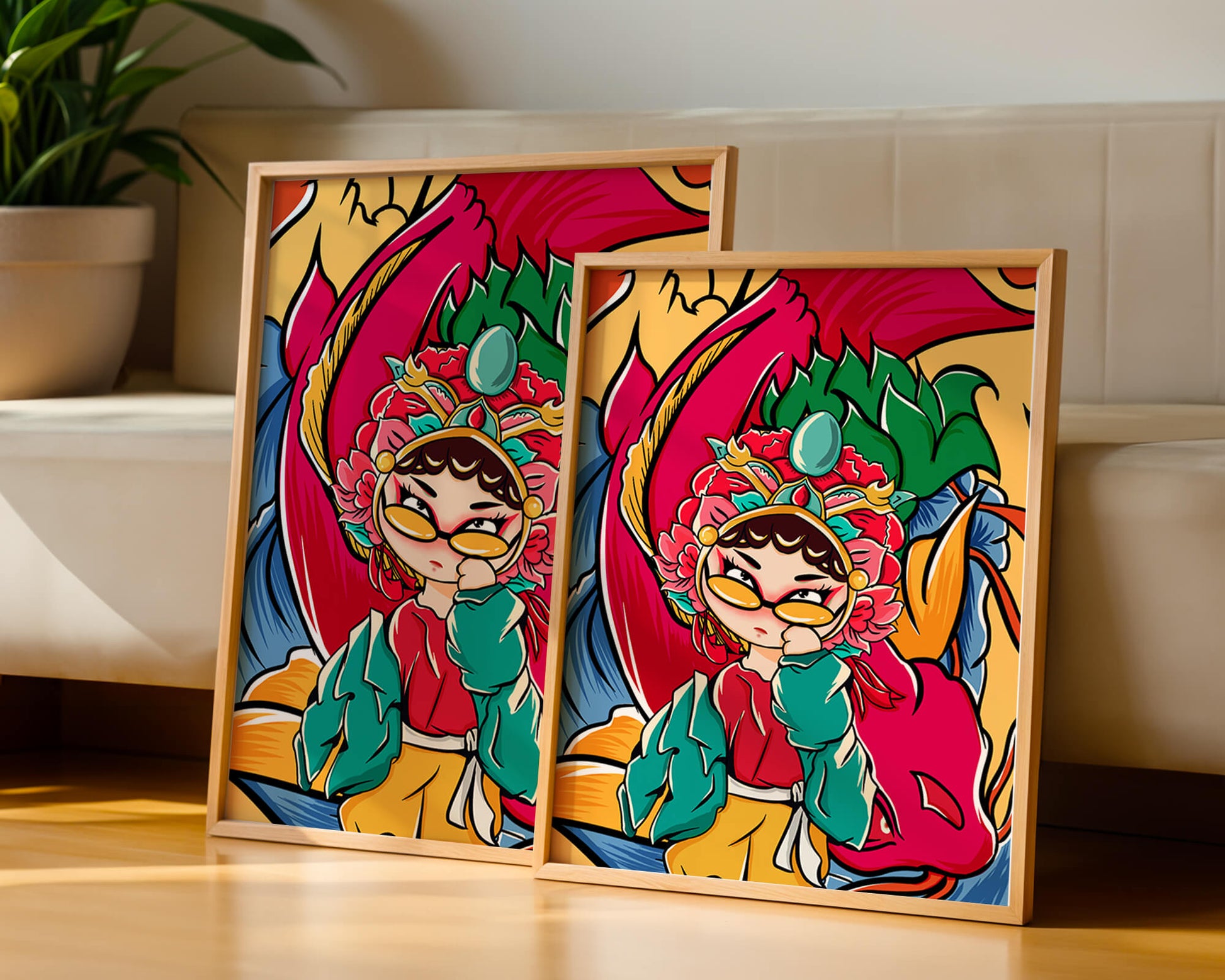 Vibrant illustration featuring a character in traditional costume with dragon elements