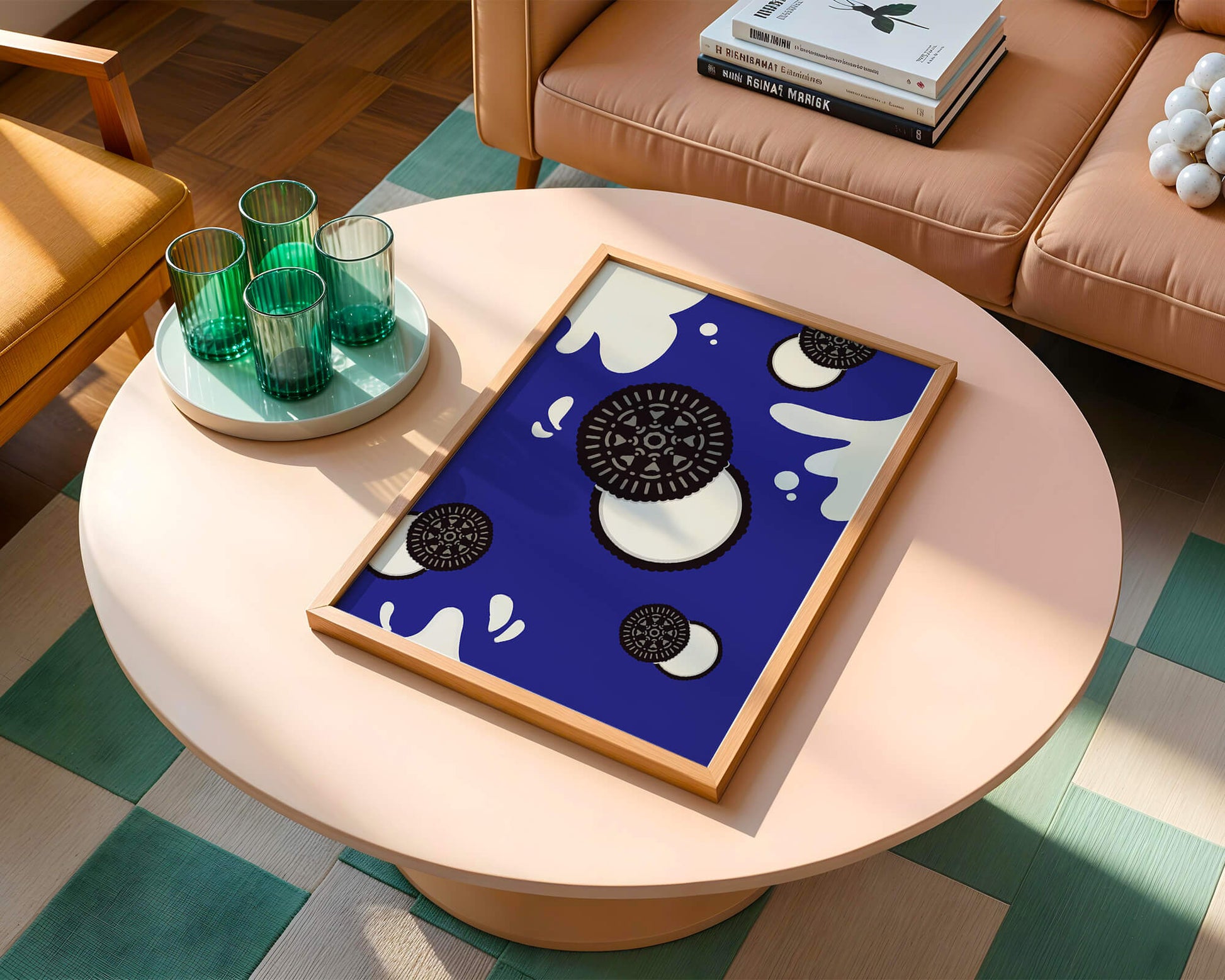 Graphic design featuring cookies and milk splashes on blue background