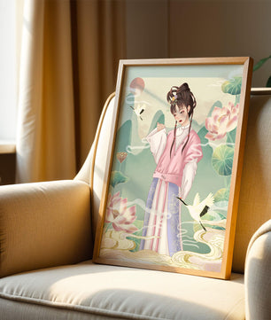 Femme élégante en tenue traditionnelle avec lotus en fleurs et grues