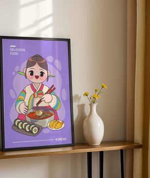 Charming illustration of Korean cuisine with a cheerful character