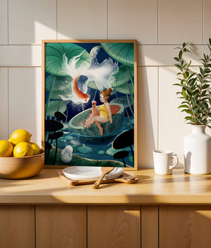 Illustration imaginative d'une fille avec un poisson et un lapin sous des nénuphars illuminés par la lune