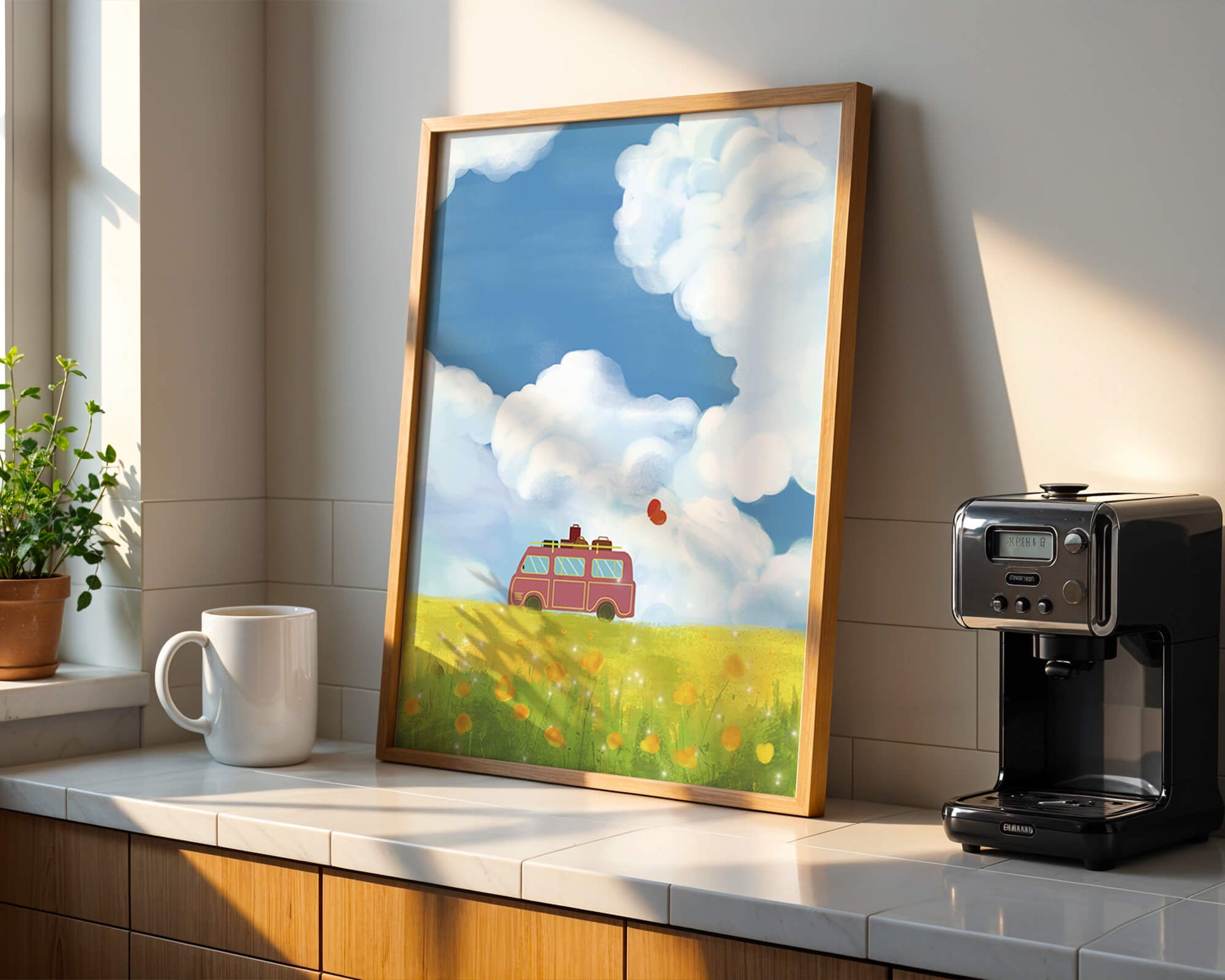 Colorful Van in a Vibrant Field with Balloons and Luggage